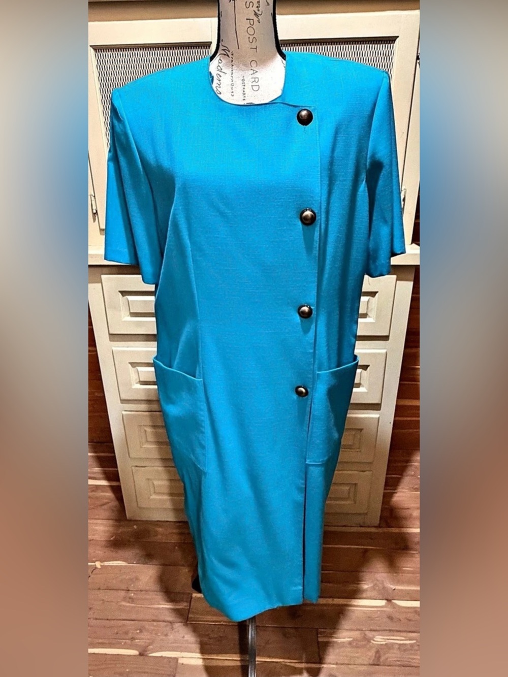 Vintage Caron Chicago Asymmetric Shift Dress Size 18 Teal Blue Gold Button USA